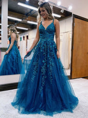 A Line Ink Blue Glitter Tulle Lace Prom Dresses