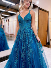 A Line Ink Blue Glitter Tulle Lace Prom Dresses