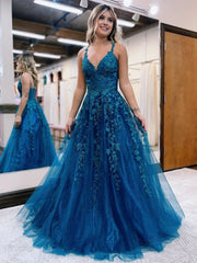 A Line Ink Blue Glitter Tulle Lace Prom Dresses