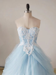 A-Line Lace Sweetheart Neck Blue Long Prom Dresses