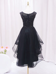 A-Line Lace Tulle Black Short Prom Dress, High Low Black Homecoming Dress