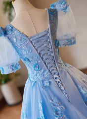 A-Line Light Blue Tulle With Lace Short Sleeves Prom Dresses, Tulle Sweet 16 Dresses