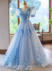 A-Line Light Blue Tulle With Lace Short Sleeves Prom Dresses, Tulle Sweet 16 Dresses