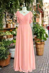 A-Line Light Coral Ruffled Flutter Sleeves Chiffon Bridesmaid Dress