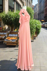 A-Line Light Coral Ruffled Flutter Sleeves Chiffon Bridesmaid Dress