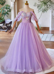 A-Line Light Purple Sweethart Lace Applique Party Dresses, Purple Long Prom Dresses