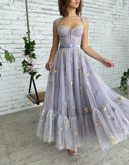 A-line Lilac Tea Length Tulle Prom Dress with Embroidery