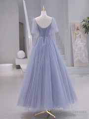 A-Line Long sleeves Beading Gray Blue Long Prom Dress, Gray Blue Formal Dress