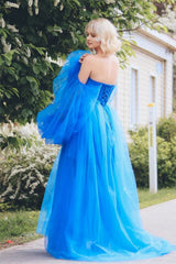 A line Long Sleeves Satin Tulle Prom Dresses with Slit