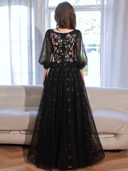 A-Line long sleeves Tulle Lace Black Long Prom Dresses, Black Lace Long Formal Dresses