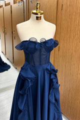 A Line Navy Blue Corset Ruffle Maxi Prom Dresses