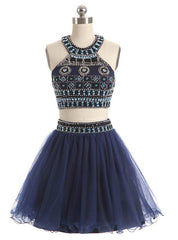 A-line Navy Blue Halter Tulle Beading Homecoming Dresses