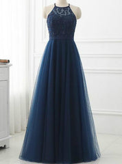 A-line Navy Blue Tulle Halter Crossed Back Long Prom Dresses