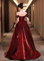 A-line Off Shoulder Beaded Wine Red Satin Prom Dress, Wine Red Party Dress