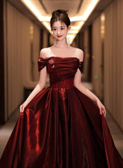 A-line Off Shoulder Beaded Wine Red Satin Prom Dress, Wine Red Party Dress