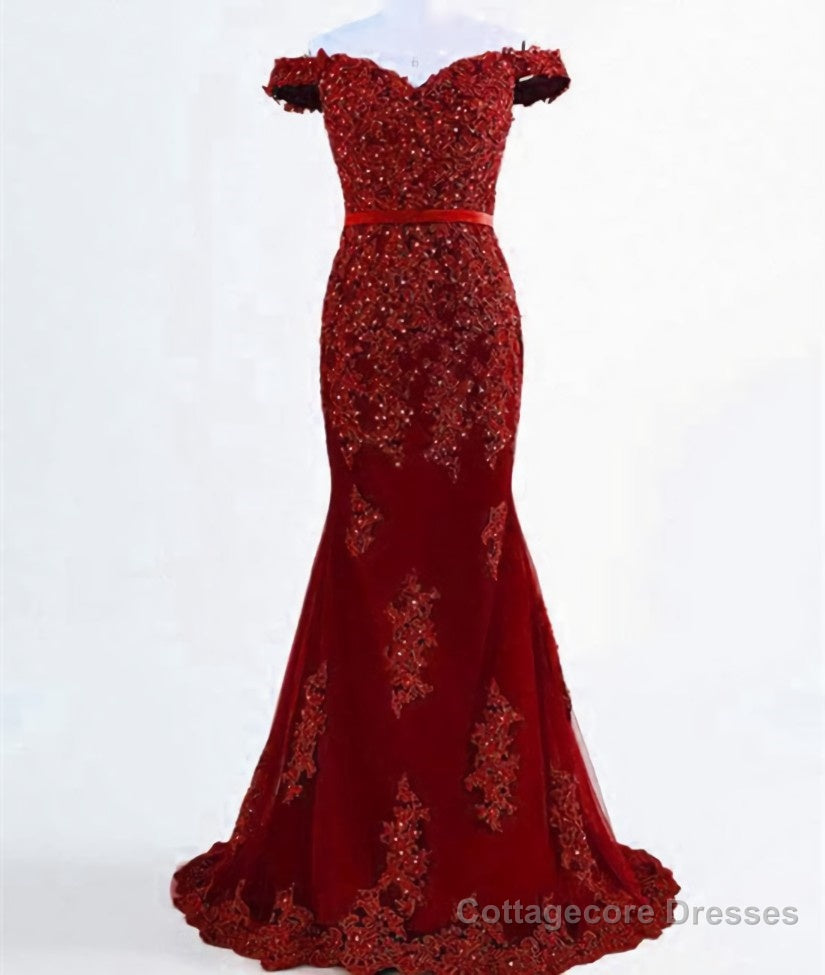 A Line Off Shoulder Burgundy Lace Prom Dresses, Burgundy Lace Formal Dresses, Bridesmaid Dresses