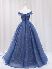 A-Line Off Shoulder Dark Blue Long Prom Dress, Shiny Tulle Long Graduation Dress