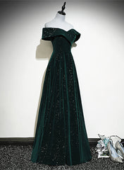 A-line Off Shoulder Green Velvet Simple Party Dresses, Green Prom Dresses Formal Dresses