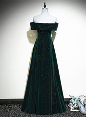 A-line Off Shoulder Green Velvet Simple Party Dresses, Green Prom Dresses Formal Dresses