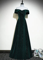 A-line Off Shoulder Green Velvet Simple Party Dresses, Green Prom Dresses Formal Dresses