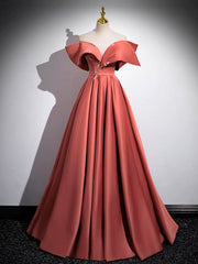 A-Line Off Shoulder Off Shoulder Satin Long Prom Dresses, Watermelon Red Long Formal Dresses