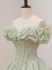 A-Line Off Shoulder Organza Green Short Prom Dresses,Cute Homecoming Dresses with Beads