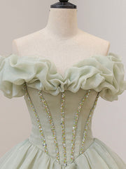 A-Line Off Shoulder Organza Green Short Prom Dresses,Cute Homecoming Dresses with Beads