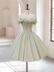 A-Line Off Shoulder Organza Green Short Prom Dresses,Cute Homecoming Dresses with Beads