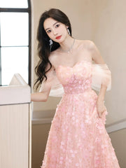 A-Line Off Shoulder Pink Long Prom Dresses, Pink Long Graduation Dresses