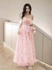 A-Line Off Shoulder Pink Long Prom Dresses, Pink Long Graduation Dresses