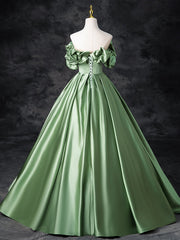 A-Line Off Shoulder Satin Green Long Prom Dresses, Green Long Formal Dresses