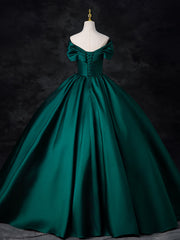 A-Line Off Shoulder Satin Green Long Prom Dresses, Green Long Formal Dresses