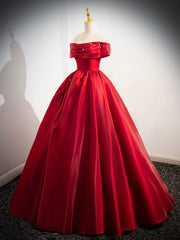 A-Line Off Shoulder Satin Red Long Prom Dresses, Red Long Evening Dresses