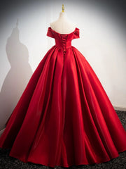 A-Line Off Shoulder Satin Red Long Prom Dresses, Red Long Evening Dresses