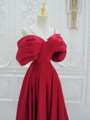 A-Line Off Shoulder Satin Red Long Prom Dresses, Red Long Formal Dresses