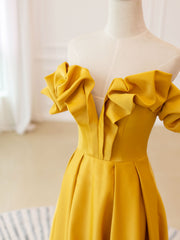 A-Line Off Shoulder Satin Yellow Long Prom Dress, Yellow Formal Evening Dress