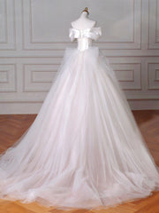 A-Line Off Shoulder Tulle Beige Long Prom Dresses, Beige Tulle Long Formal Dresses