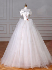 A-Line Off Shoulder Tulle Beige Long Prom Dresses, Beige Tulle Long Formal Dresses