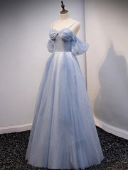 A-Line Off Shoulder Tulle Gray Blue Long Prom Dresses, Gray Blue Long Formal Dresses