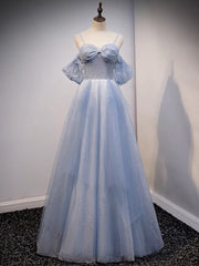 A-Line Off Shoulder Tulle Gray Blue Long Prom Dresses, Gray Blue Long Formal Dresses