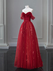 A-Line Off Shoulder Tulle Lace Dark Red Long Prom Dress