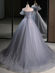 A-Line Off Shoulder Tulle Lace Gray Blue Long Prom Dresses, Gray Blue Long Formal Dresses