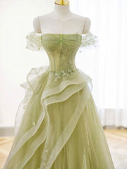 A-Line Off Shoulder Tulle Lace Green Long Prom Dresses, Green Long Graduation Dresses