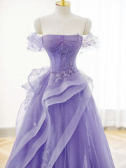 A-Line Off Shoulder Tulle Lace Purple Long Prom Dresses, Purple Lace Long Formal Dresses