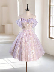 A-Line Off Shoulder Tulle Lace Purple Short Prom Dresses, Cute Purple Homecoming Dresses