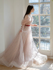 A-Line Off Shoulder Tulle Light Pink Long Prom Dresses, Long Formal Dresses