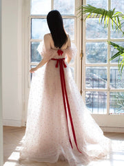 A-Line Off Shoulder Tulle Light Pink Long Prom Dresses, Long Formal Dresses