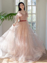 A-Line Off Shoulder Tulle Light Pink Long Prom Dresses, Long Formal Dresses