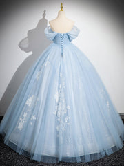 A-Line Off Shoulder Tulle Sequin Blue Long Prom Dresses, Blue Sweet 16 Dresses