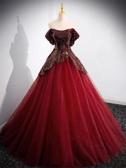 A-Line Off Shoulder Tulle Sequin Burgundy Long Prom Dresses, Burgundy Evening Dresses